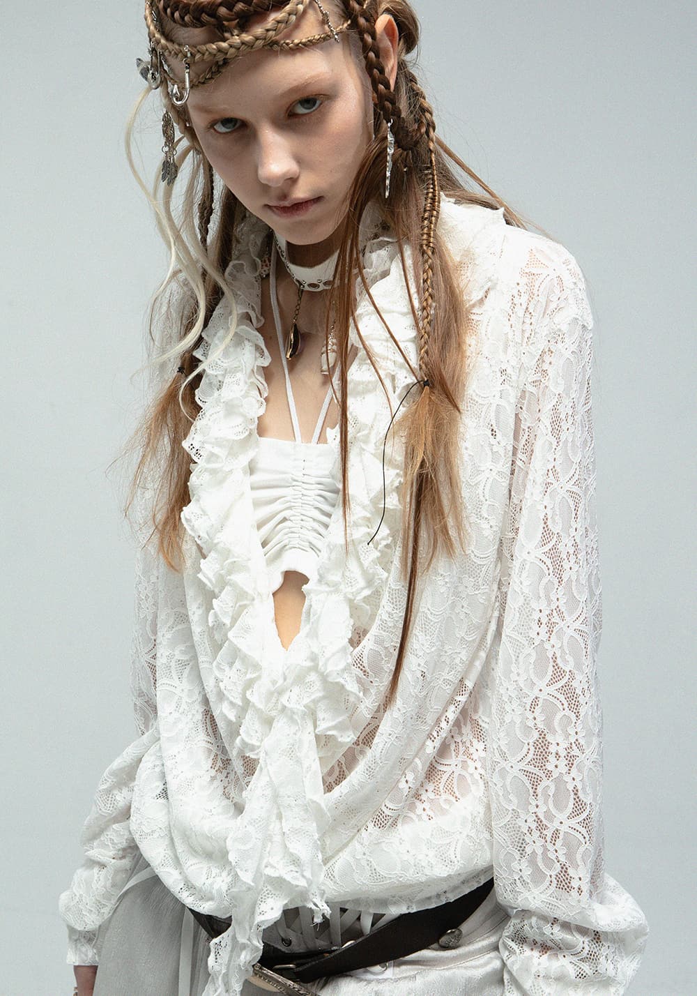 DOUBLEPUNCH丨Romantic Ruffle Lace Top with Draped V-Neck - PSYLOS 1, DOUBLEPUNCH丨Romantic Ruffle Lace Top with Draped V-Neck, Blouses, DOUBLEPUNCH, PSYLOS 1